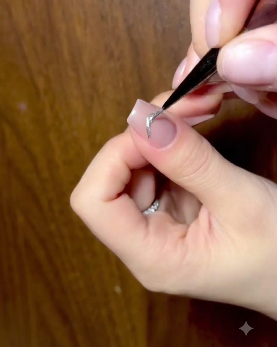 Un primo piano dettagliato di una nail technician che utilizza un pennello fine per applicare glitter scintillanti su un design di fiocco a farfalla cat-eye argentato.