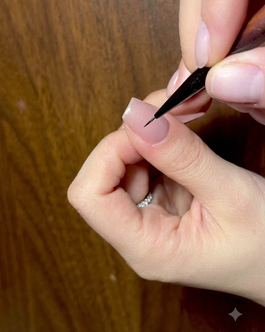 Una vista ravvicinata di un pennello che applica un top coat lucido sul design di nail art a farfalla terminato.