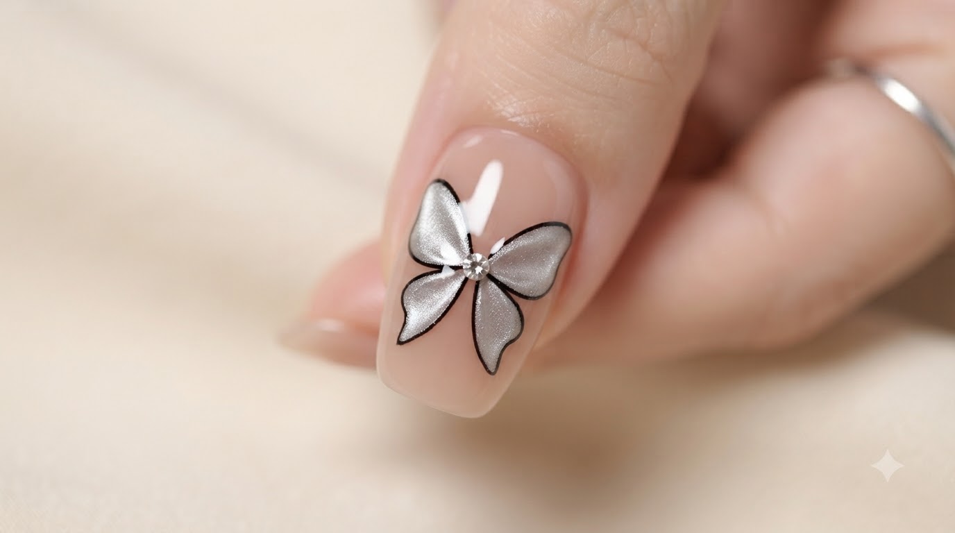 Nail art con farfalla e cat-eye argentato — Tutorial passo dopo passo