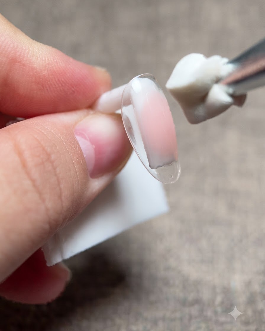 Un pennello che applica il gel base trasparente sopra lo strato sfumato di rosa su una punta dunghia trasparente.
