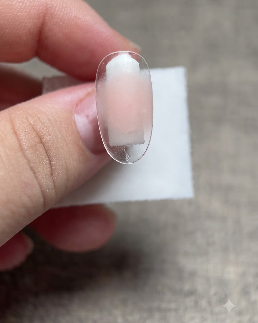Una punta dunghia trasparente che mostra un sottile shimmer e uno strato di smalto gel chiaro applicato sulla superficie.