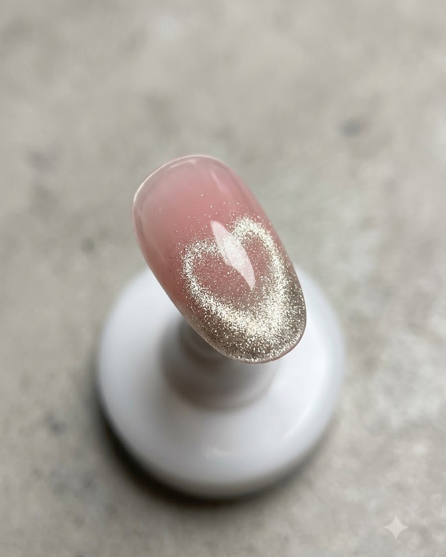 Un primo piano di ununghia che mostra una nitida linea rosa chiaro dipinta lungo la linea del sorriso usando un pennello liner sottile.