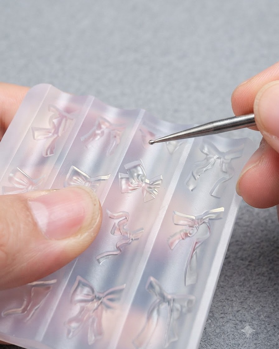 Un paio di pinzette che sollevano un elemento a forma di fiocco 3D trasparente da uno stampo in silicone per nail art.