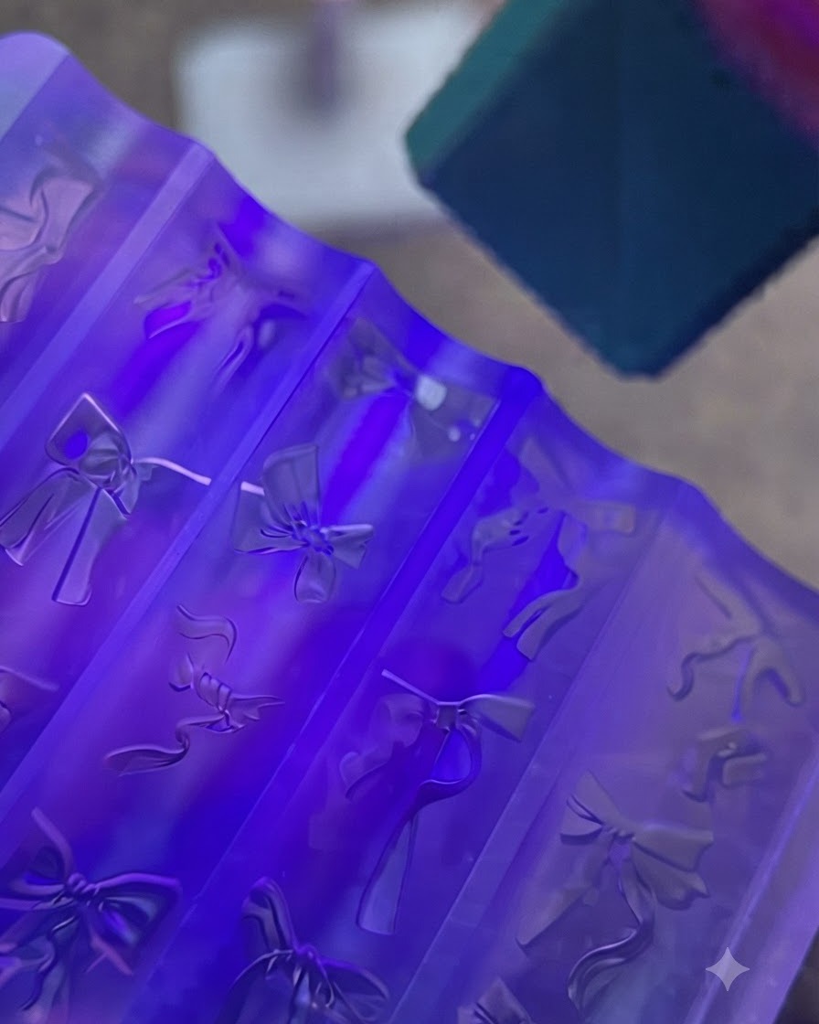 Uno stampo per unghie in silicone viola contenente fiocchi di gel trasparente posizionato sotto una lampada UV luminosa.