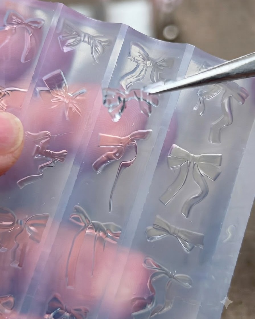 Un paio di pinzette metalliche che sollevano con cura un fiocco 3D trasparente e indurito da uno stampo in silicone per nail art.