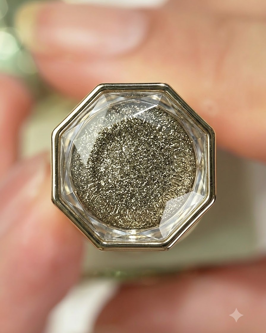 Un primo piano di un flacone di smalto gel di lusso con un tappo sfaccettato e contenuti glitterati dorati brillanti.