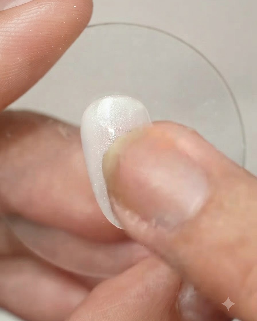 Un dito che utilizza un applicatore a spugna per tamponare la polvere magica Baibaoxian M01 sulla superficie lucida dell unghia.
