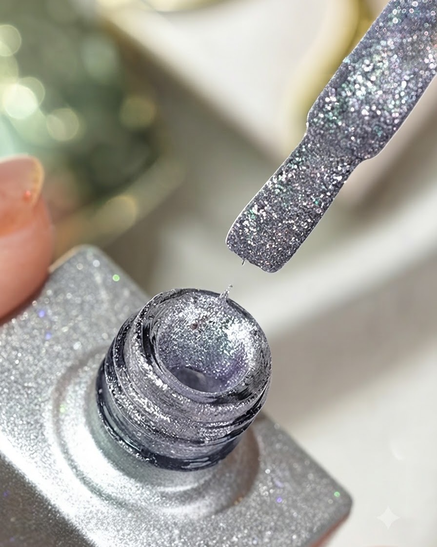 Un pennello fine per nail art che raccoglie il gel di diamante frantumato argento dall apertura di un flacone, pronto per un applicazione dettagliatacite: 1.