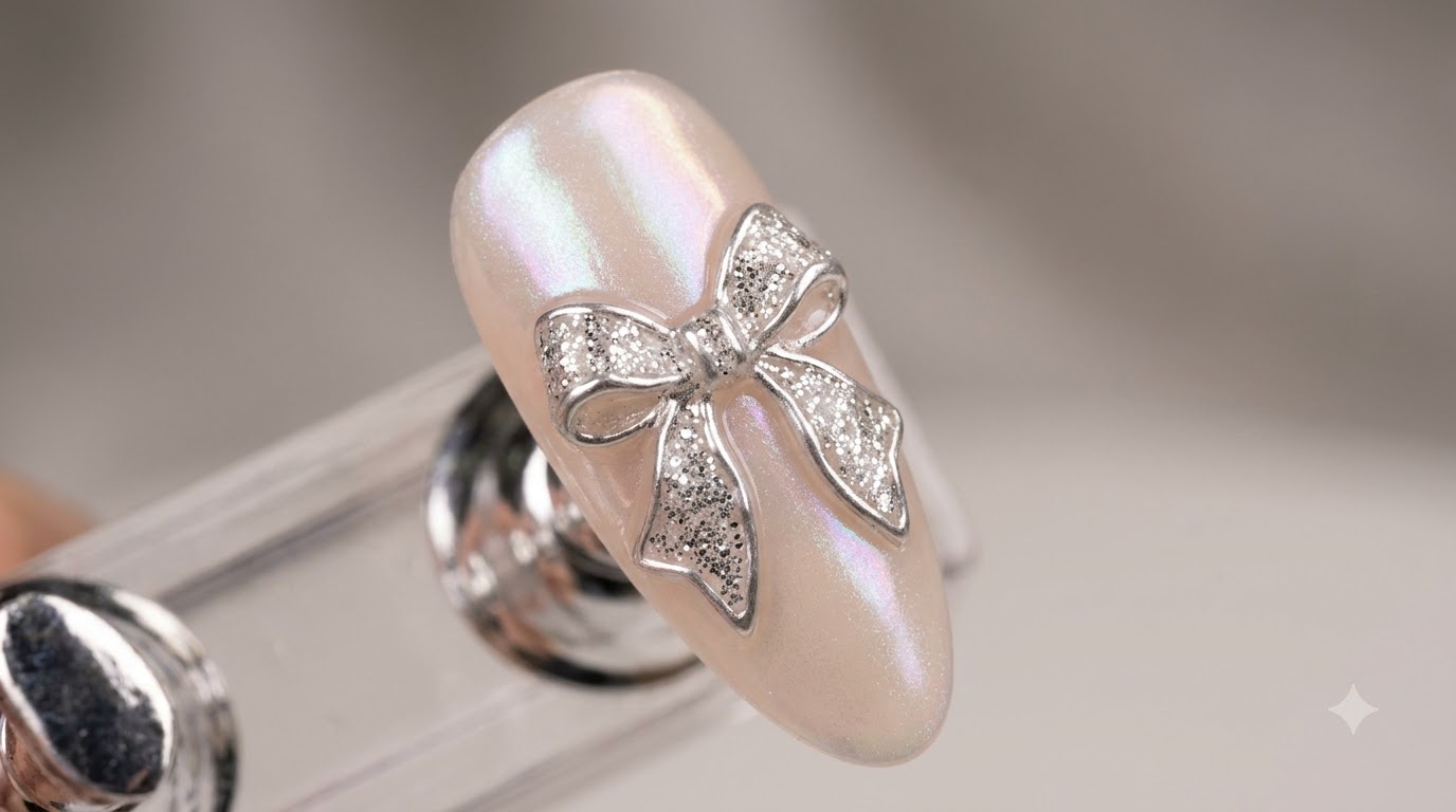 Unghie Nude Chrome con Fiocco in Glitter Argento: Tutorial Passo dopo Passo