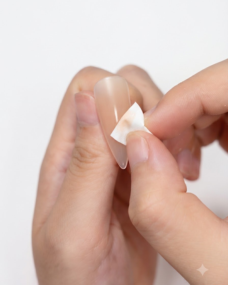 Una mano che pulisce o applica ladesivo nude vicino alla zona delle cuticole su una tip unghia artificiale.