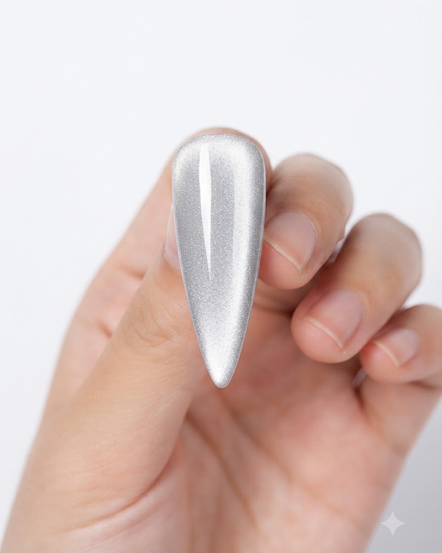 Un primo piano di ununghia con smalto cat-eye argento che mostra unampia luce creata con un magnete.