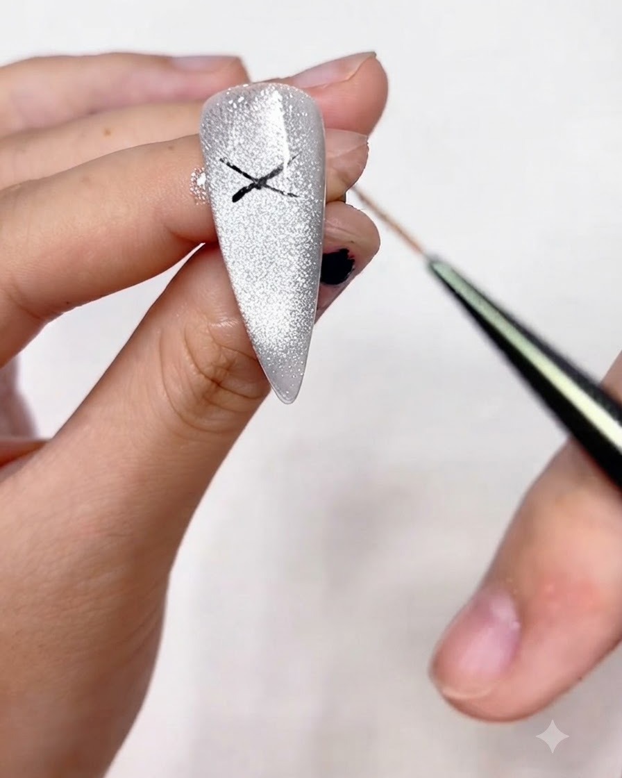 Un pennello liner fine che collega le punte della forma a X disegnata in precedenza per delineare i cappi del contorno di un fiocco su ununghia brillante.