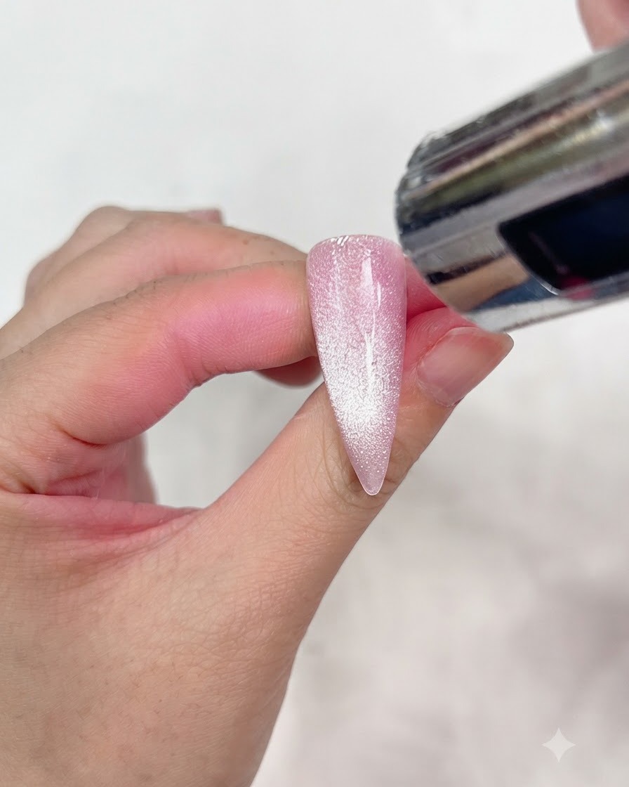 Una piccola lampada UV portatile che polimerizza un design a fiocco nero appena dipinto su ununghia cat-eye argento rosato brillante.