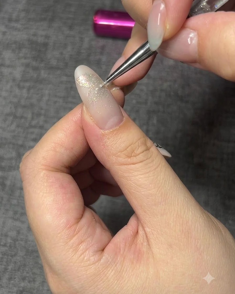 Un pennello applicatore spolvera la polvere aurora sulla forma della farfalla con base polimerizzata.