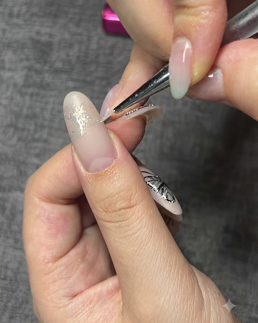 Un pennello liner fine lavora su linee dettagliate sopra il design della farfalla spolverato.