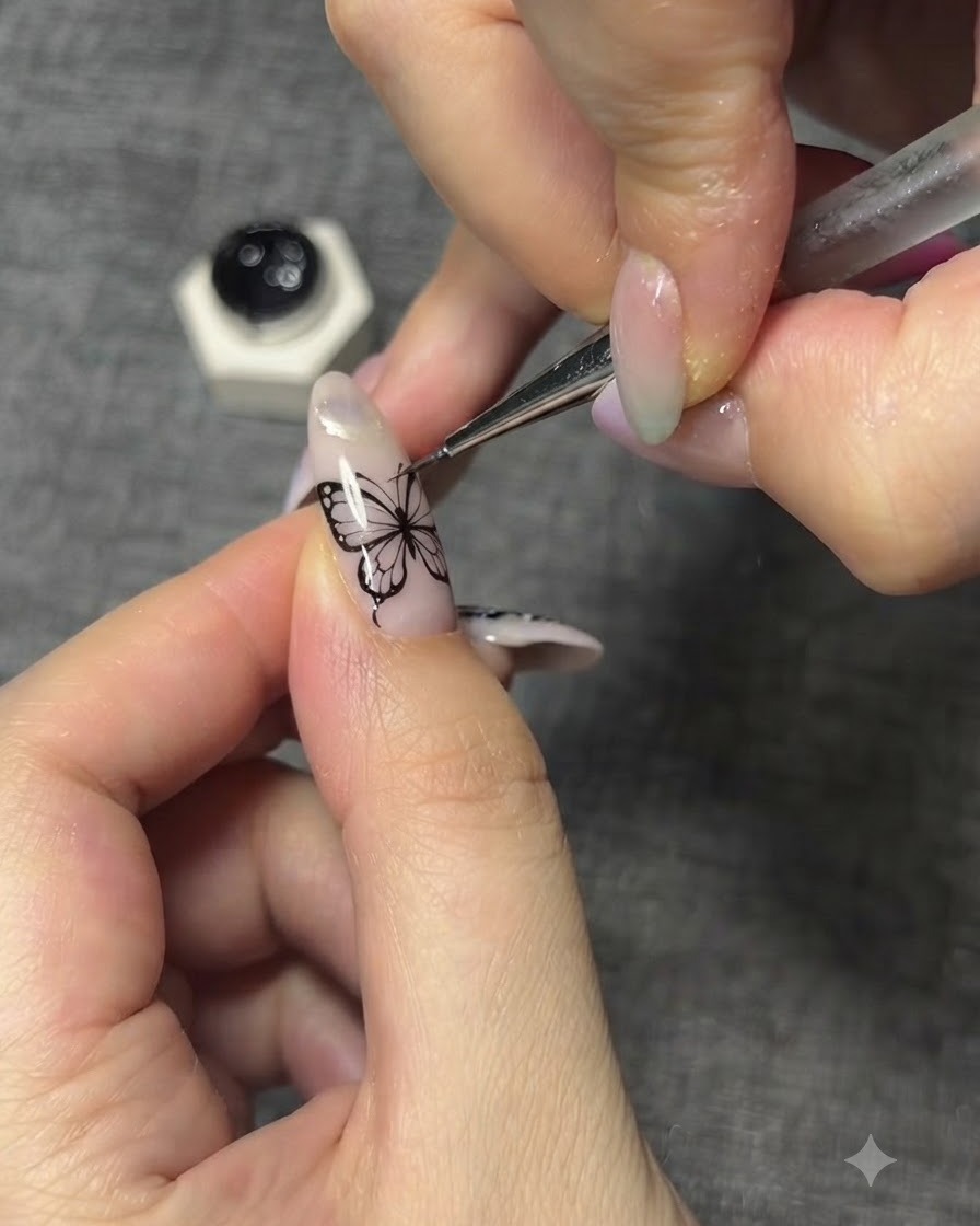Vista ravvicinata di una nail artist che rifinisce i contorni neri delineati di unala di farfalla.