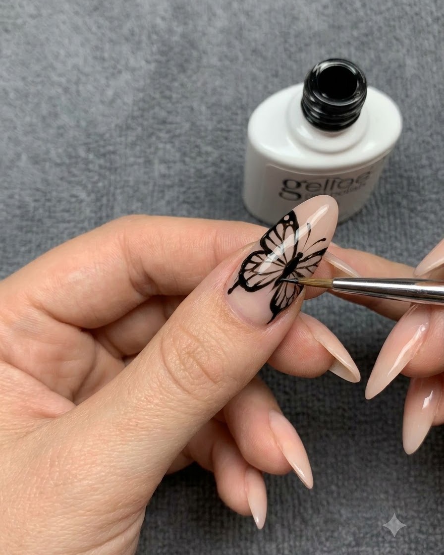 Una nail artist che dipinge sottili linee di vene interne allinterno del contorno di unala di farfalla nera.