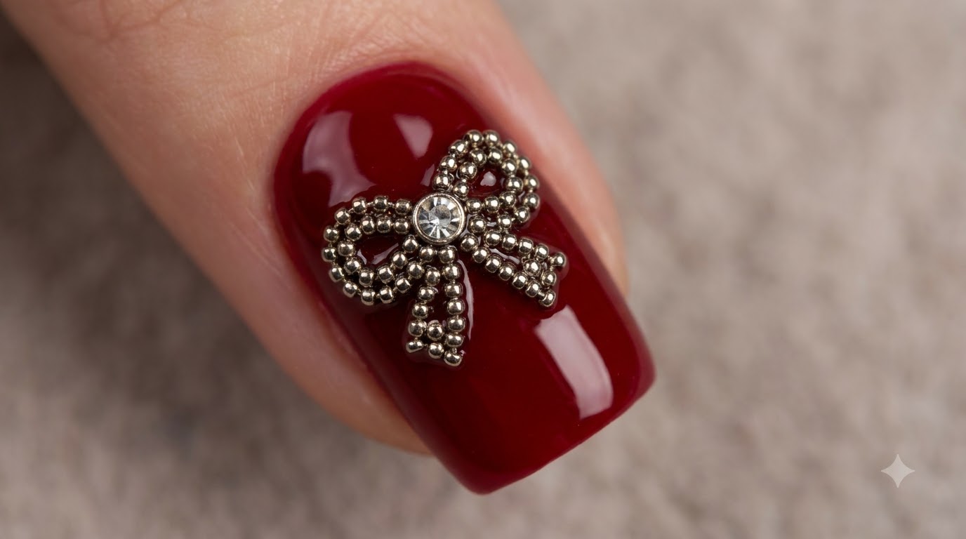 Nail Art con Fiocco in Rhinestone — Design Festivo per il Nuovo Anno