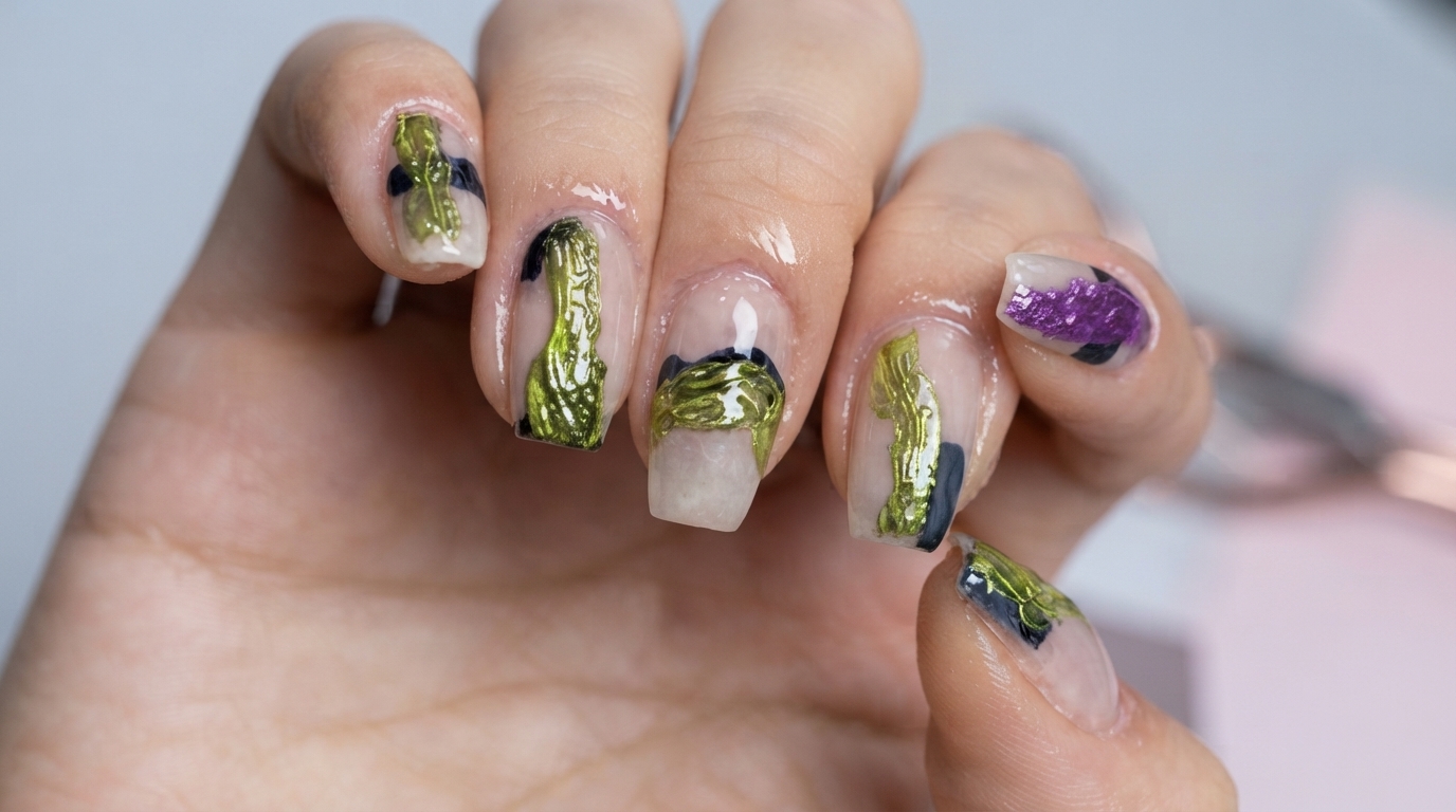 Manicure Artistica Astratta Neon Verde e Viola — Tutorial Passo dopo Passo