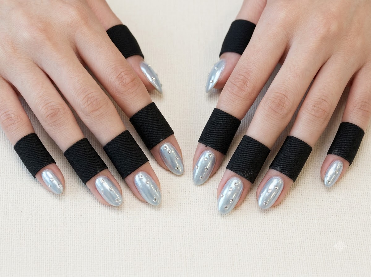 Mani leggermente inclinate sotto una luce brillante che evidenziano i dettagli di perle su unghie lucide verde chiaro chrome.
