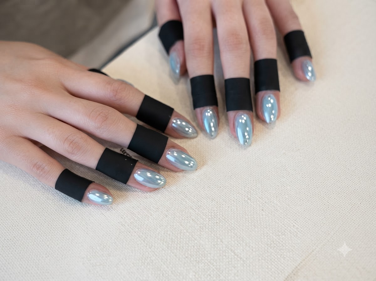 Mani tenute ferme su una superficie strutturata che mostrano unghie mint chrome uniformi a mandorla.