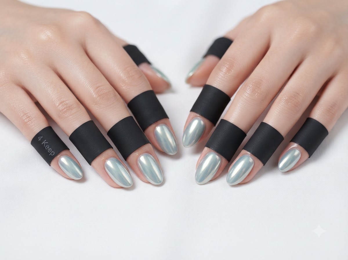 Primo piano focalizzato sulle decorazioni di perle della mano sinistra e sulla lucentezza dello smalto mint chrome.