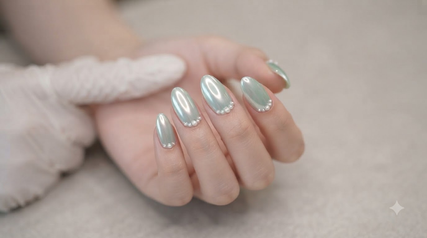Unghie Gel Aurora Chrome Mint Mambo con Applicazioni di Perle