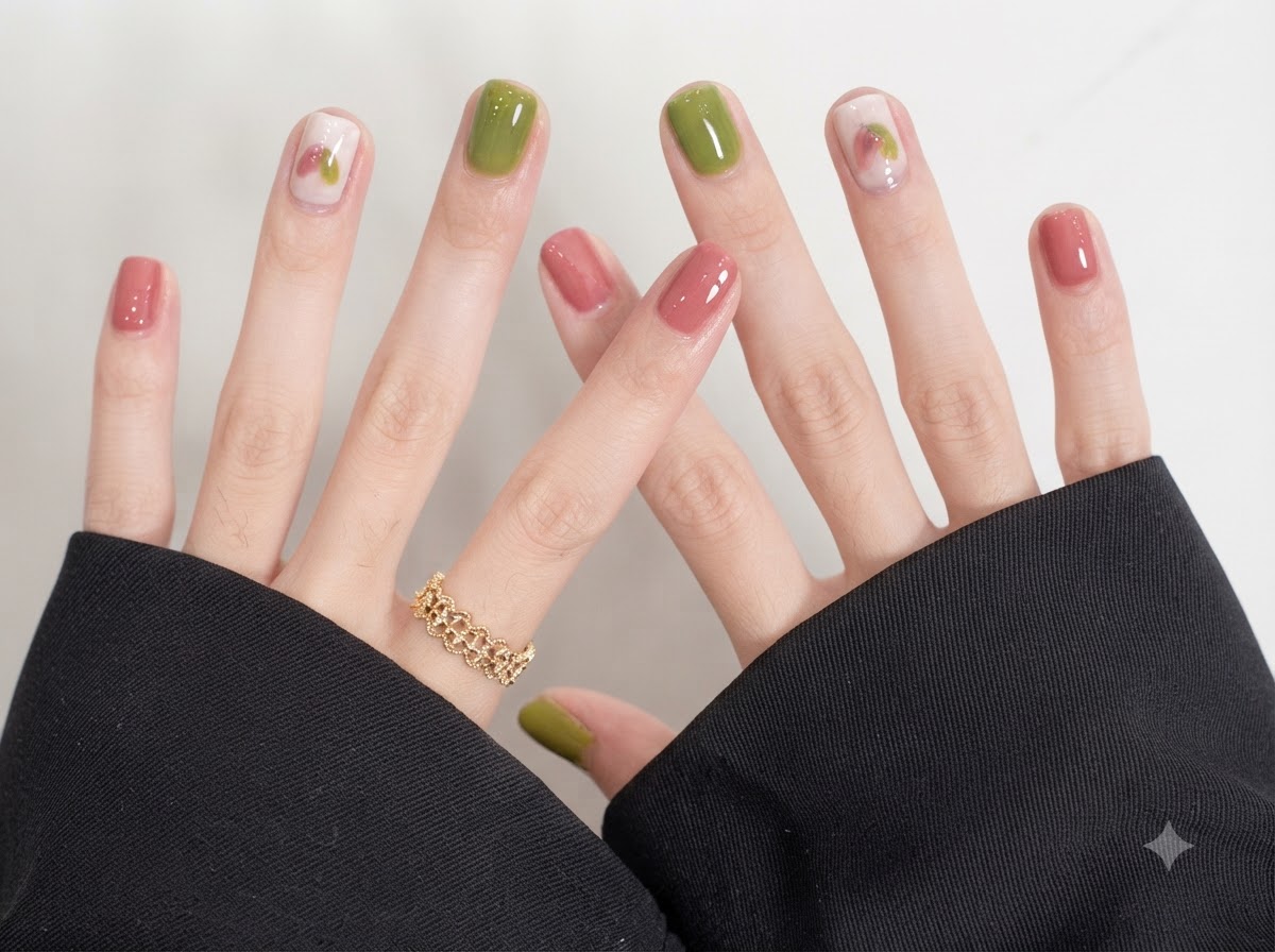 Primo piano di unghie corte arrotondate rifinite con uno smalto gel lucido alternato in verde salvia e rosa tenue.