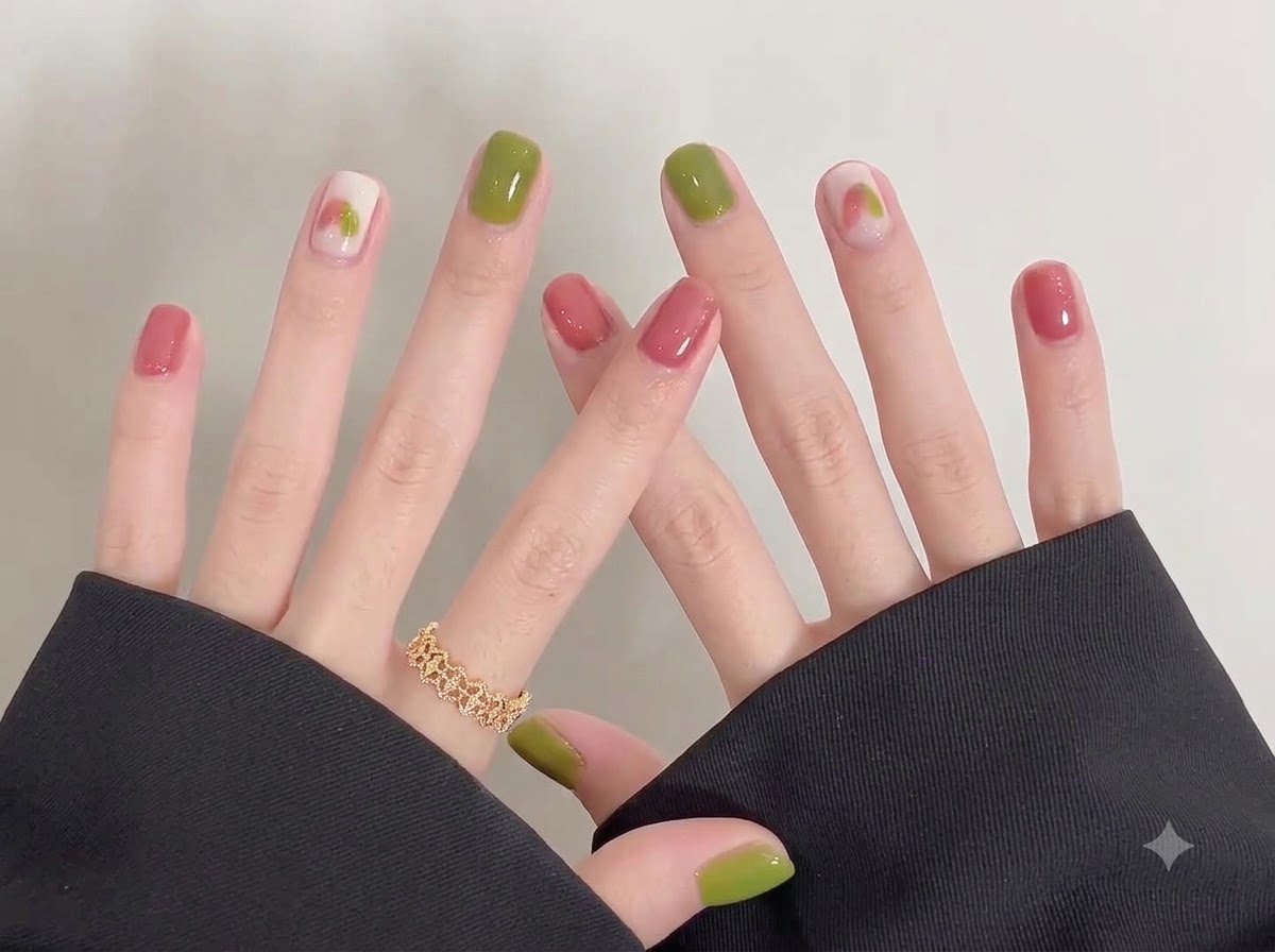 Entrambe le mani incrociate luna sullaltra, che mostrano una finitura liscia e lucida sulle unghie color-block verde e rosa.