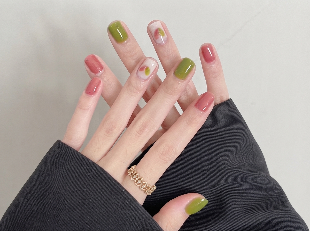 Primo piano di mani con unghie corte quadrate con smalto gel verde e rosa e un delicato anello doro.