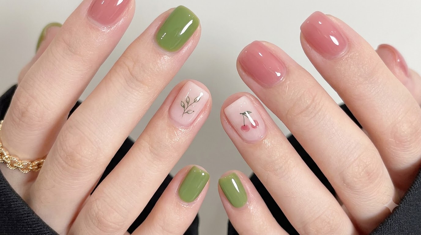 Nail art con decorazioni delicate verde salvia e rosa pastello — Tutorial passo dopo passo