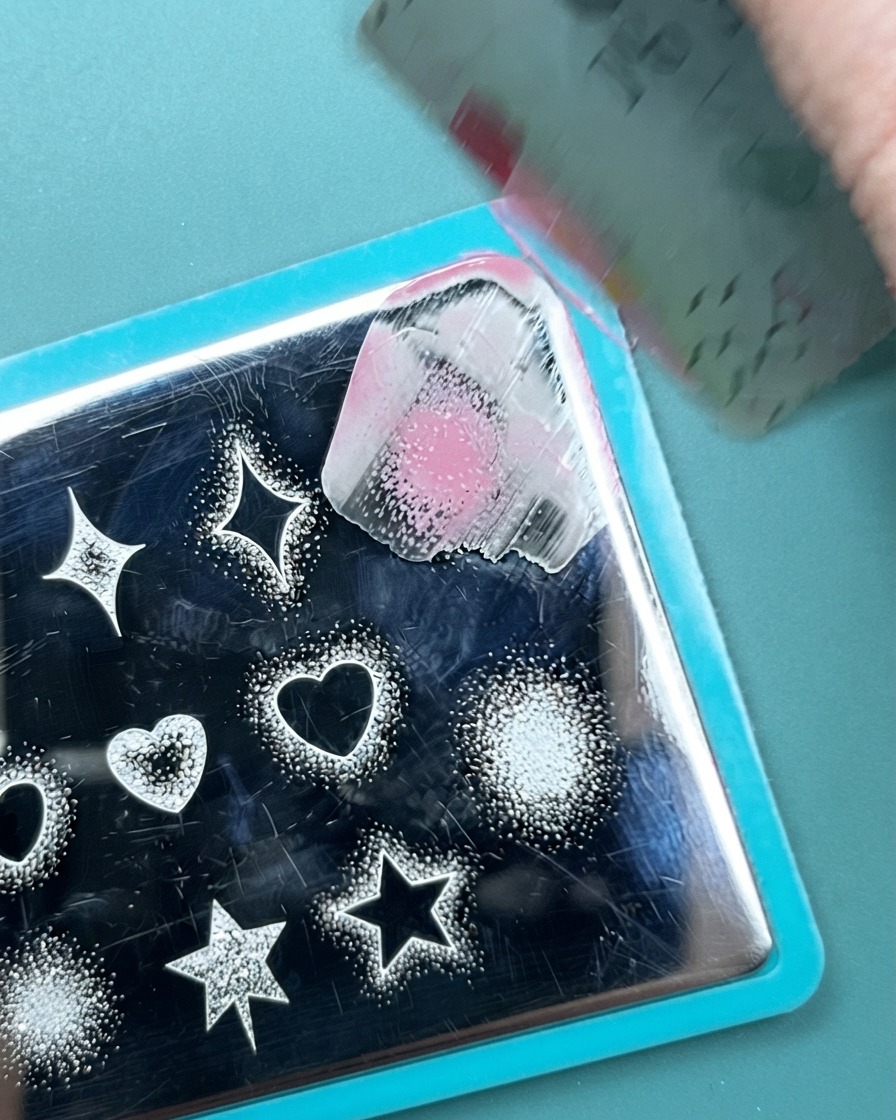 Un timbro per unghie in silicone trasparente che preme un motivo a pois sfumati rosa su ununghia dipinta di verde neon.