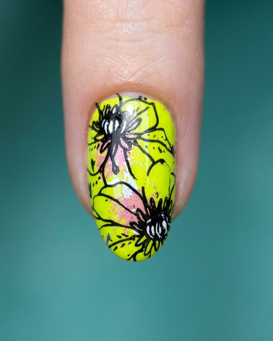 Un pennello per top coat trasparente che scorre sul design completo di nail art floreale e verde neon.