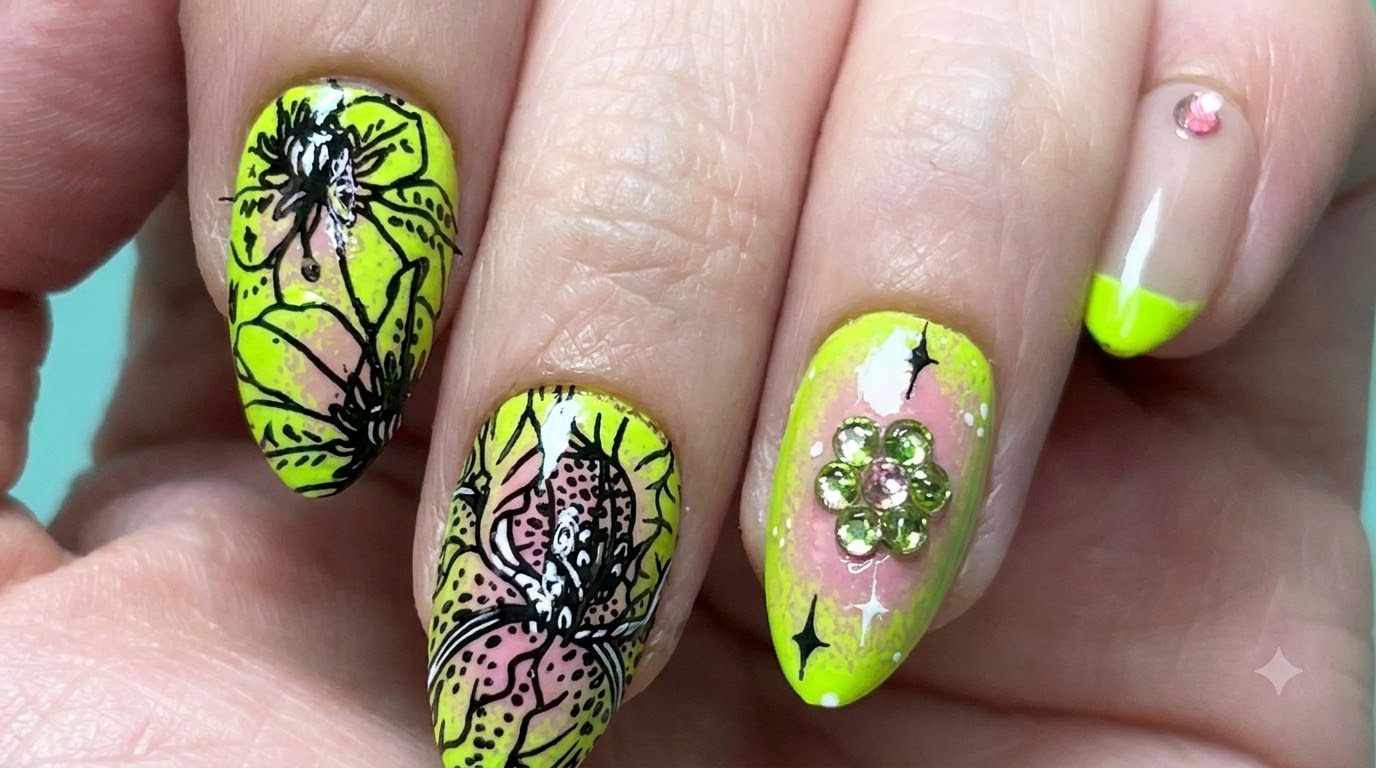 Tutorial di Nail Art Floreale con Gradiente Verde Neon e Rosa