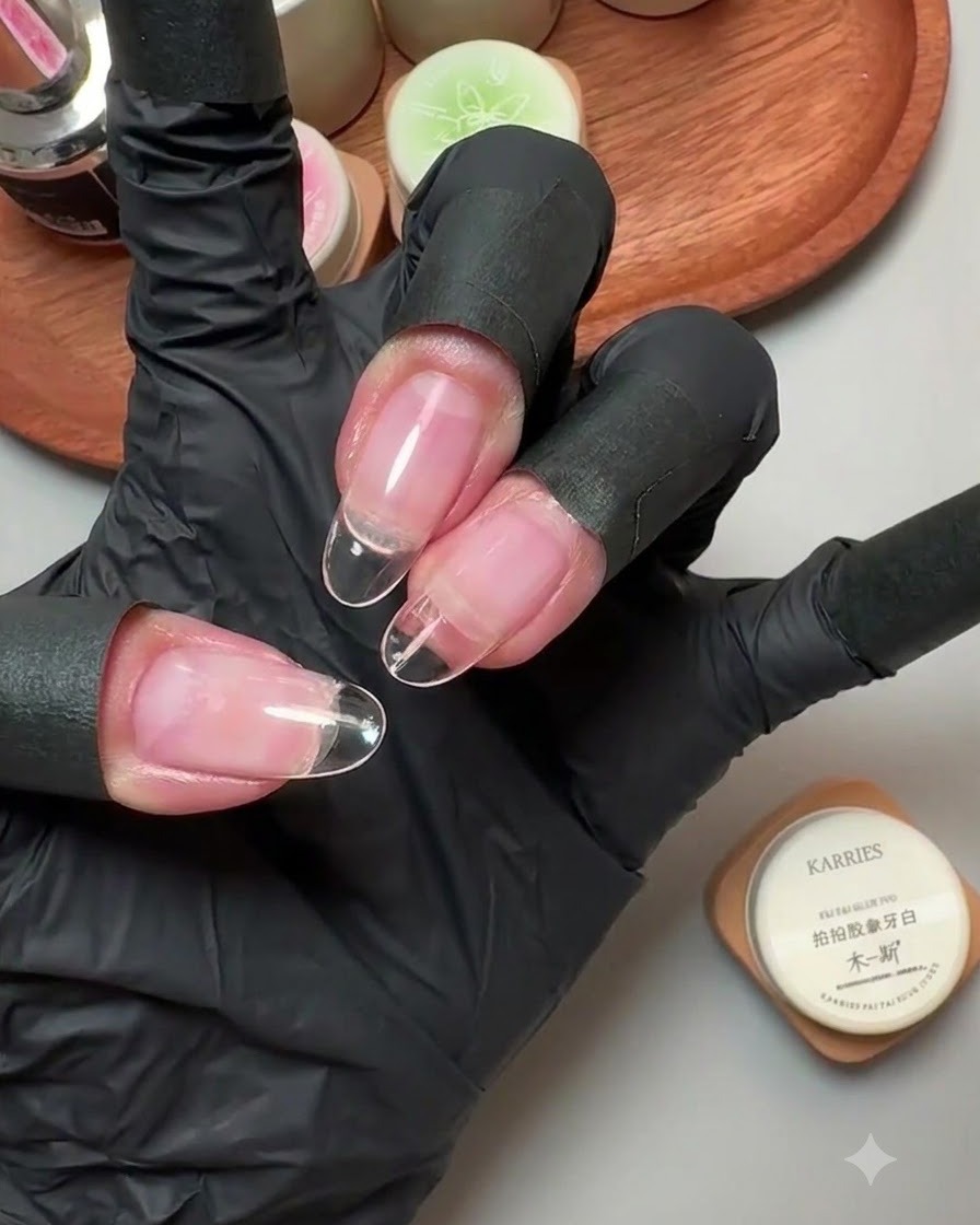 Una mano enguantada sosteniendo un frasco de gel sólido marfil, mostrando uñas postizas transparentes unidas con líneas de transición.