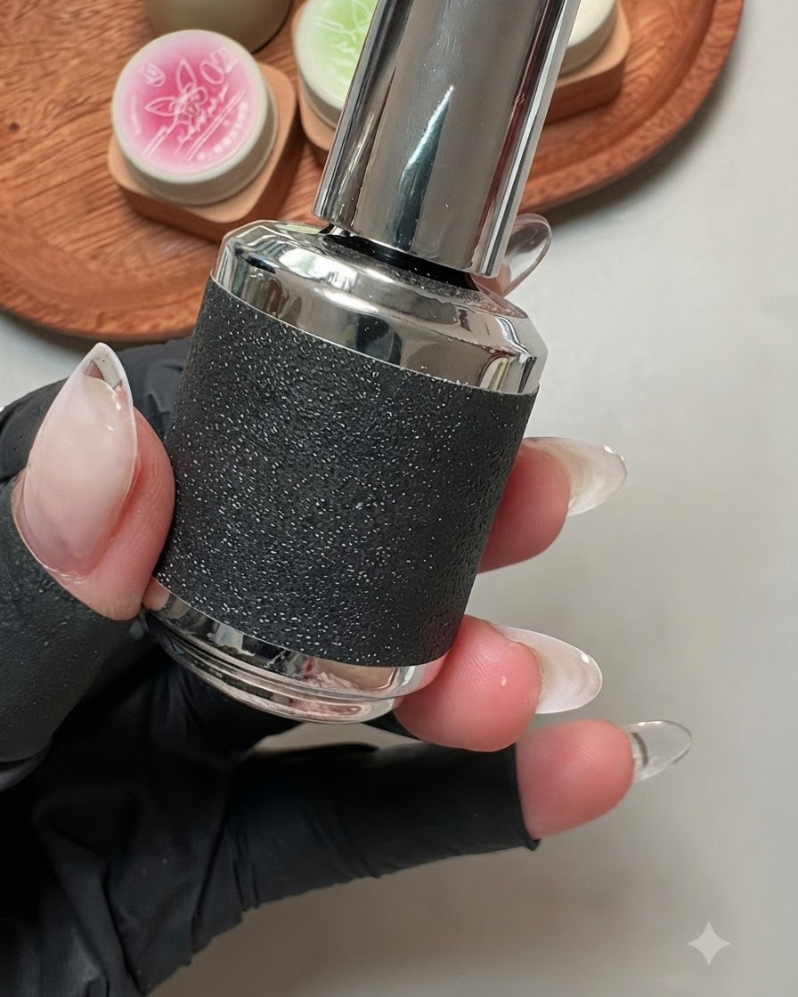 Un primer plano de una mano sosteniendo un frasco de esmalte en gel de ojo de gato con purpurina espesa.