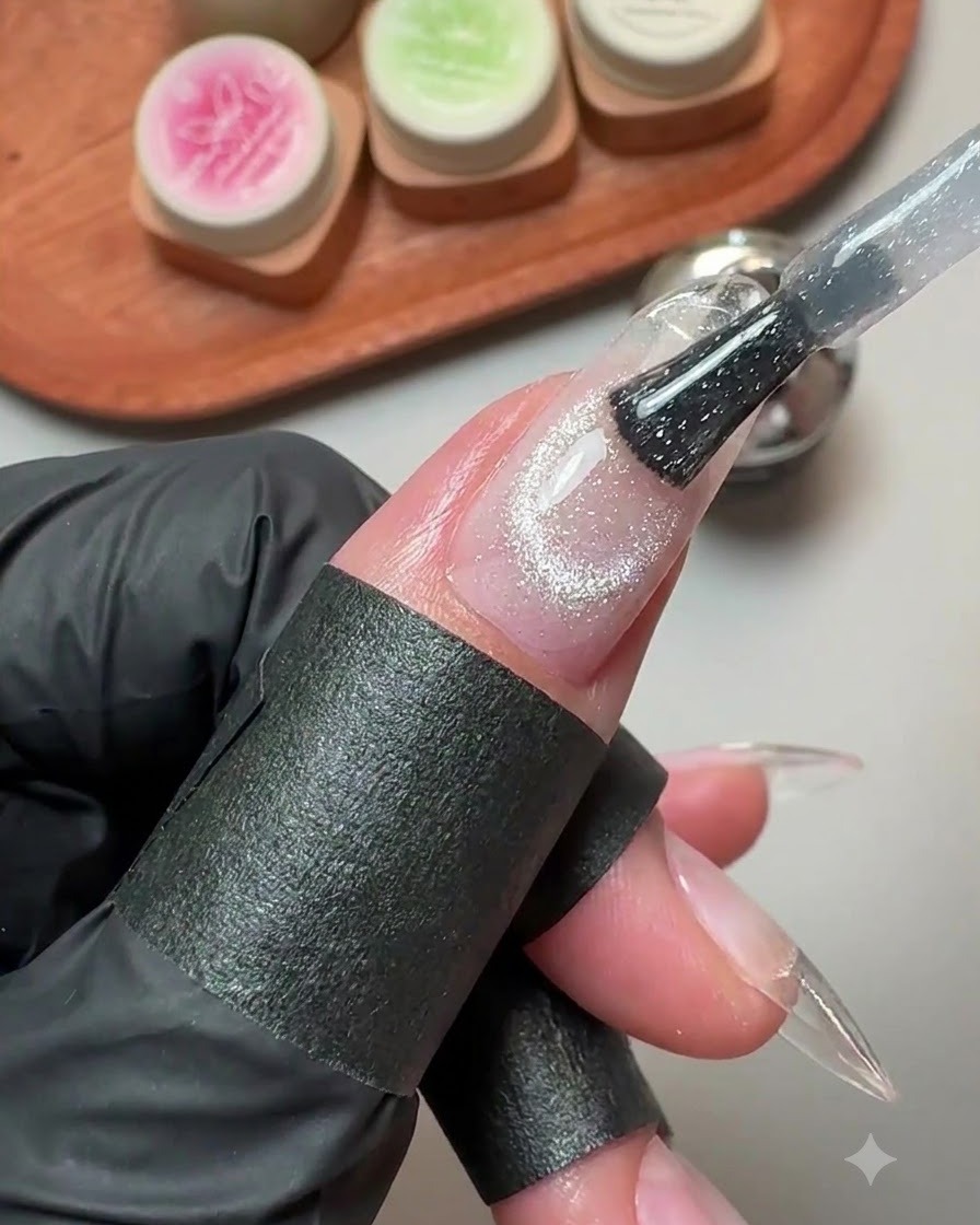 Un pincel aplicando esmalte en gel de ojo de gato con purpurina plateada sobre una placa de uña extendida.