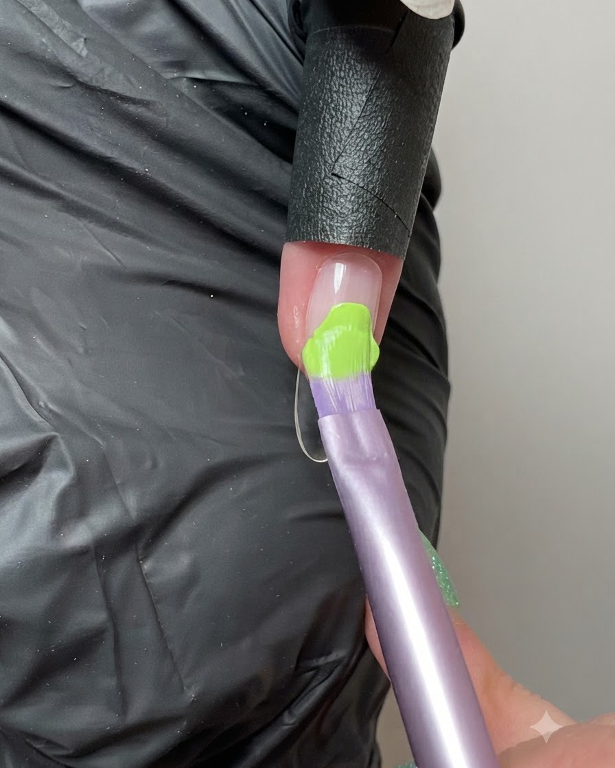 Un pincel aplicando esmalte en gel sólido verde fluorescente vibrante en la uña de un dedo índice.