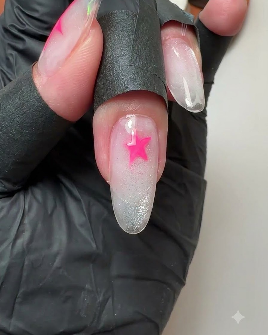 Primer plano de una uña del dedo medio que muestra una estrella rosa vibrante recién pintada.
