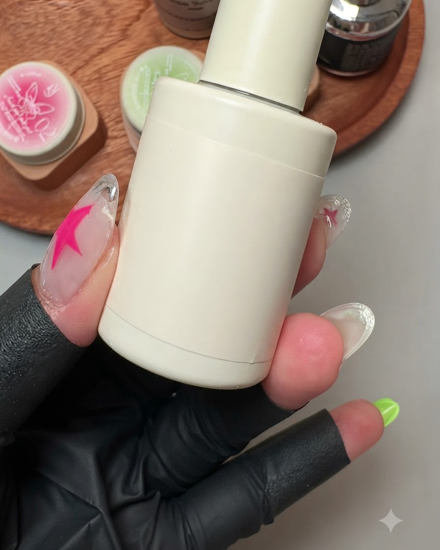 Un frasco de gel constructor blanco lunar sostenido cerca de uñas decoradas durante la aplicación.