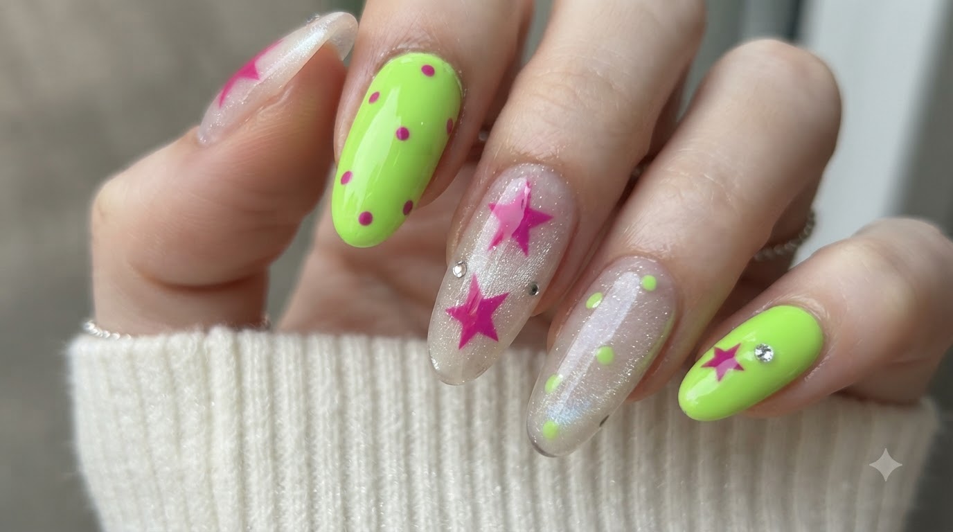 Tutorial de nail art Y2K con contraste de estrellas verde fluorescente y magenta