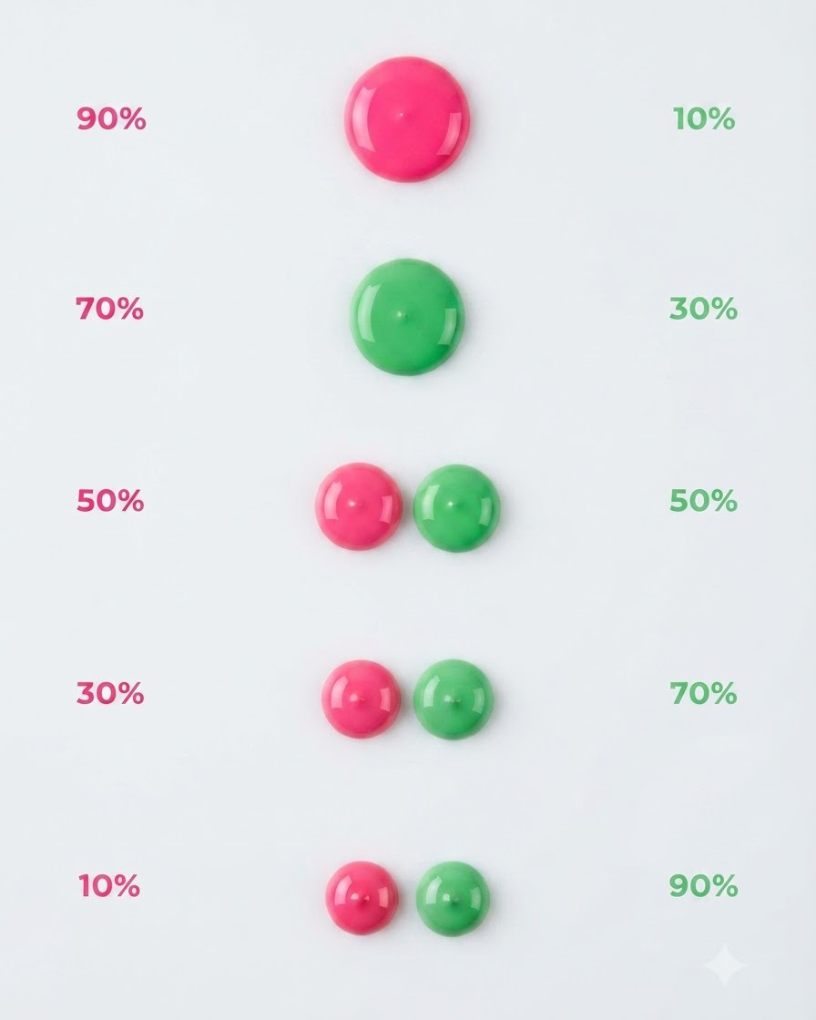 Un campione appiattito di smalto gel rosa neon su una superficie di miscelazione bianca.