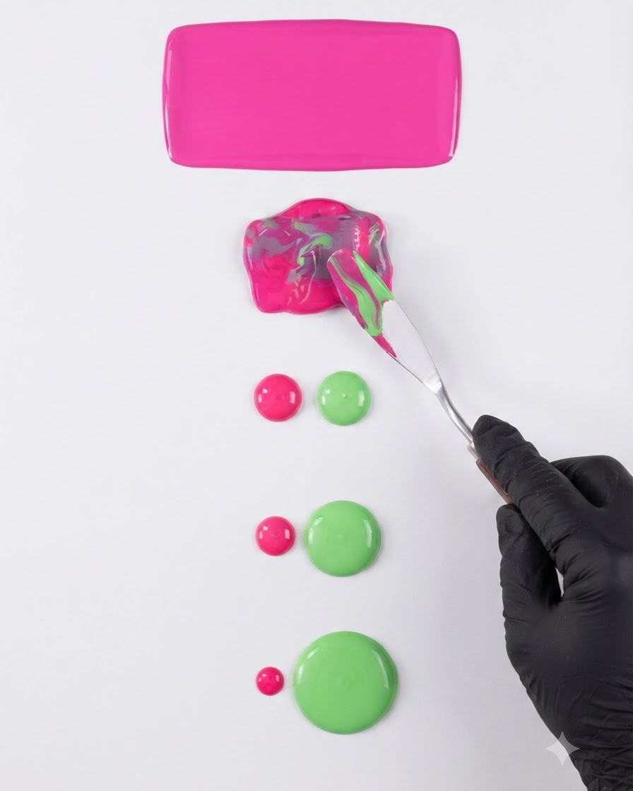 Una mano guantata di nero che usa una spatola di metallo per mischiare gel rosa neon e verde salvia su una superficie di una tavolozza bianca.