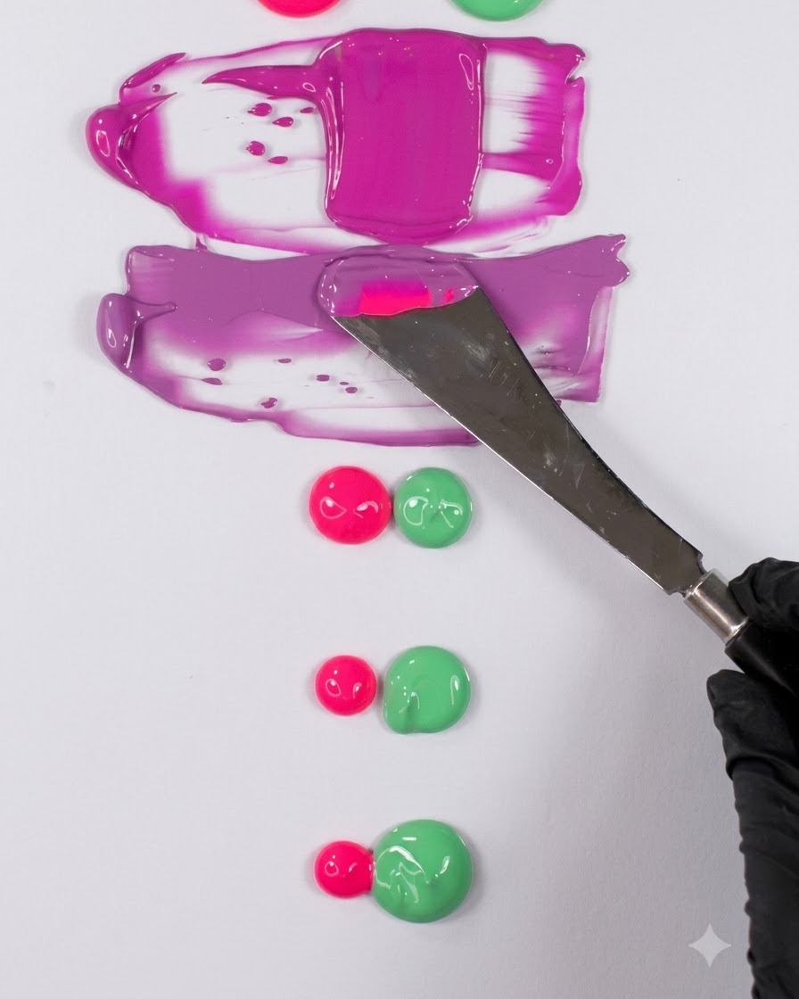 Una spatola di metallo tenuta sopra una tavolozza bianca con precedenti campioni magenta e rosa visualizzati sotto.