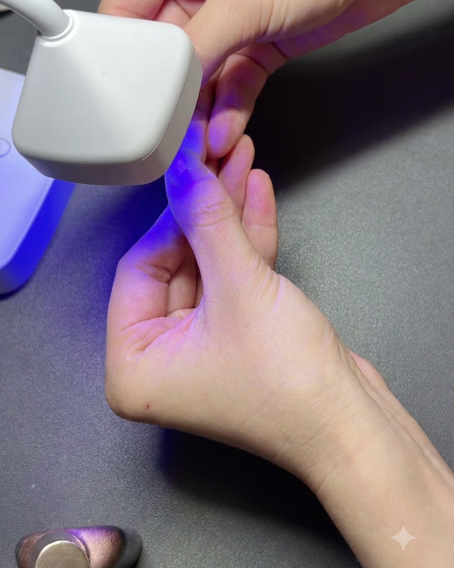 Una lampada UV portatile bianca che polimerizza una tip di unghia in gel trasparente su un dito sotto una luce viola.