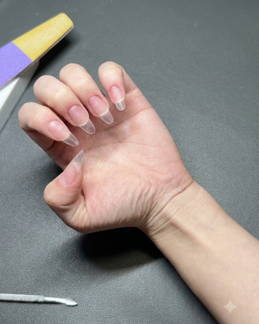 Una mano che mostra estensioni ungueali trasparenti preparate e pronte per lapplicazione del gel base.
