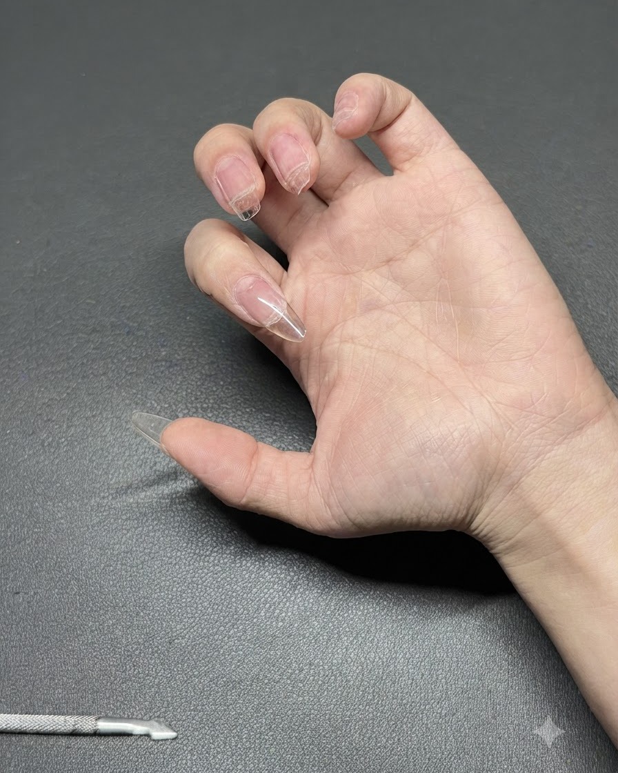 Una mano posizionata sotto una lampada UV portatile a luce viola per polimerizzare lo strato di gel costruttore.