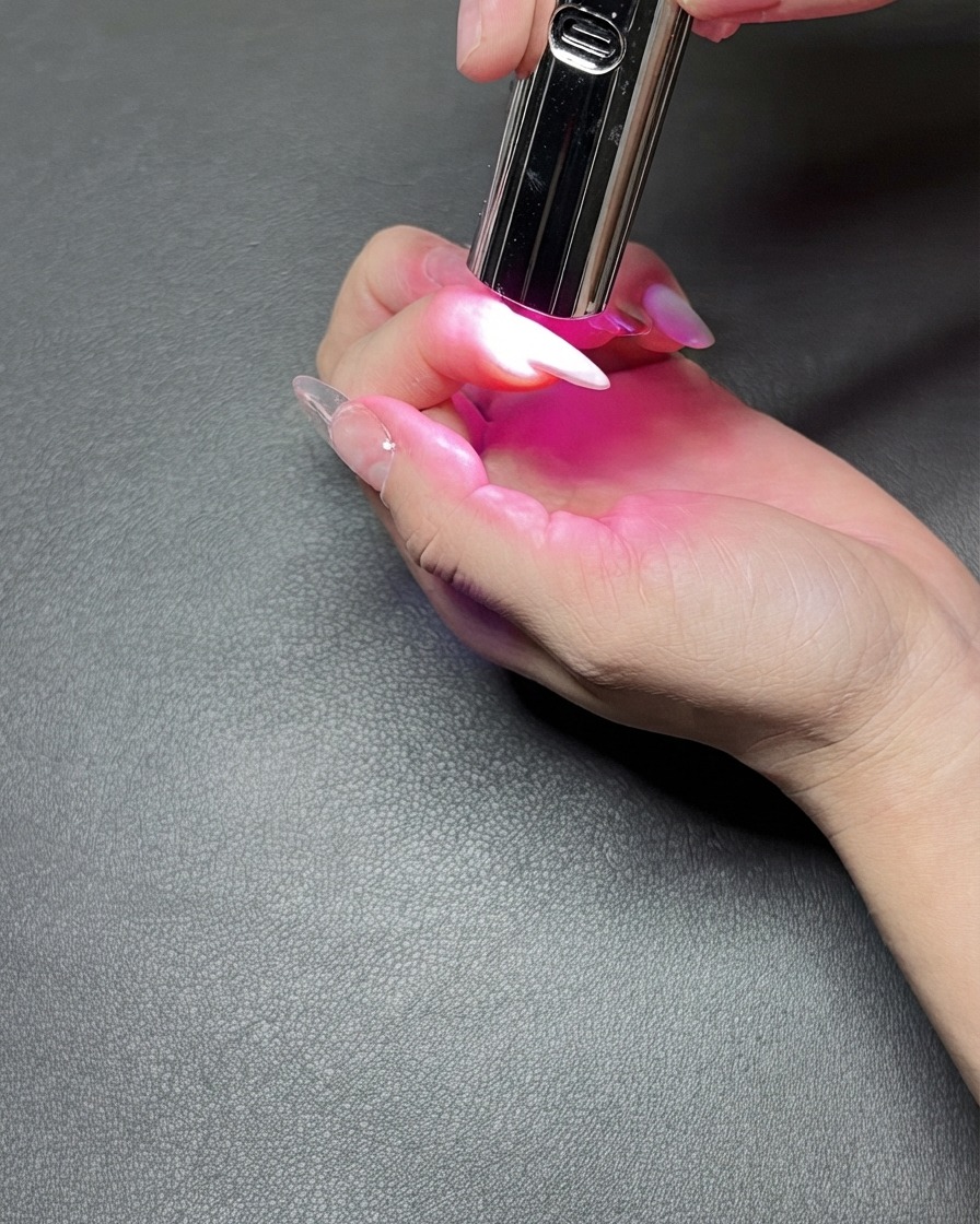 Una lampada UV portatile tenuta sopra una singola unghia che emette una brillante luce viola di polimerizzazione.