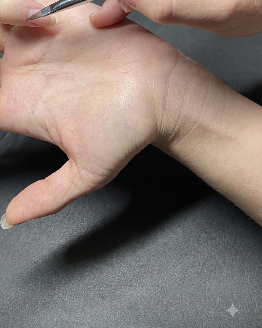 Uno strumento dotting tool che posiziona piccoli pois verde menta su ununghia curata.
