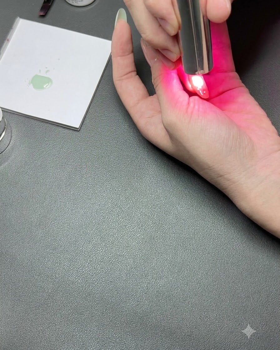 Una mano sotto una lampada per unghie UV compatta con una luce rosa che polimerizza ununghia decorata.